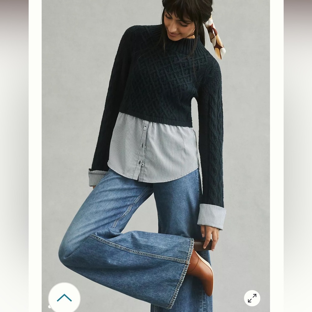 Anthropologie Maeve Cable- Knit Layered Sweater in Navy